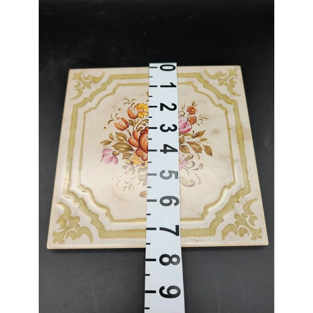 Vintage Victorian Style Floral Ceramic Tile Trivet Embossed Gold Border Hot Pad